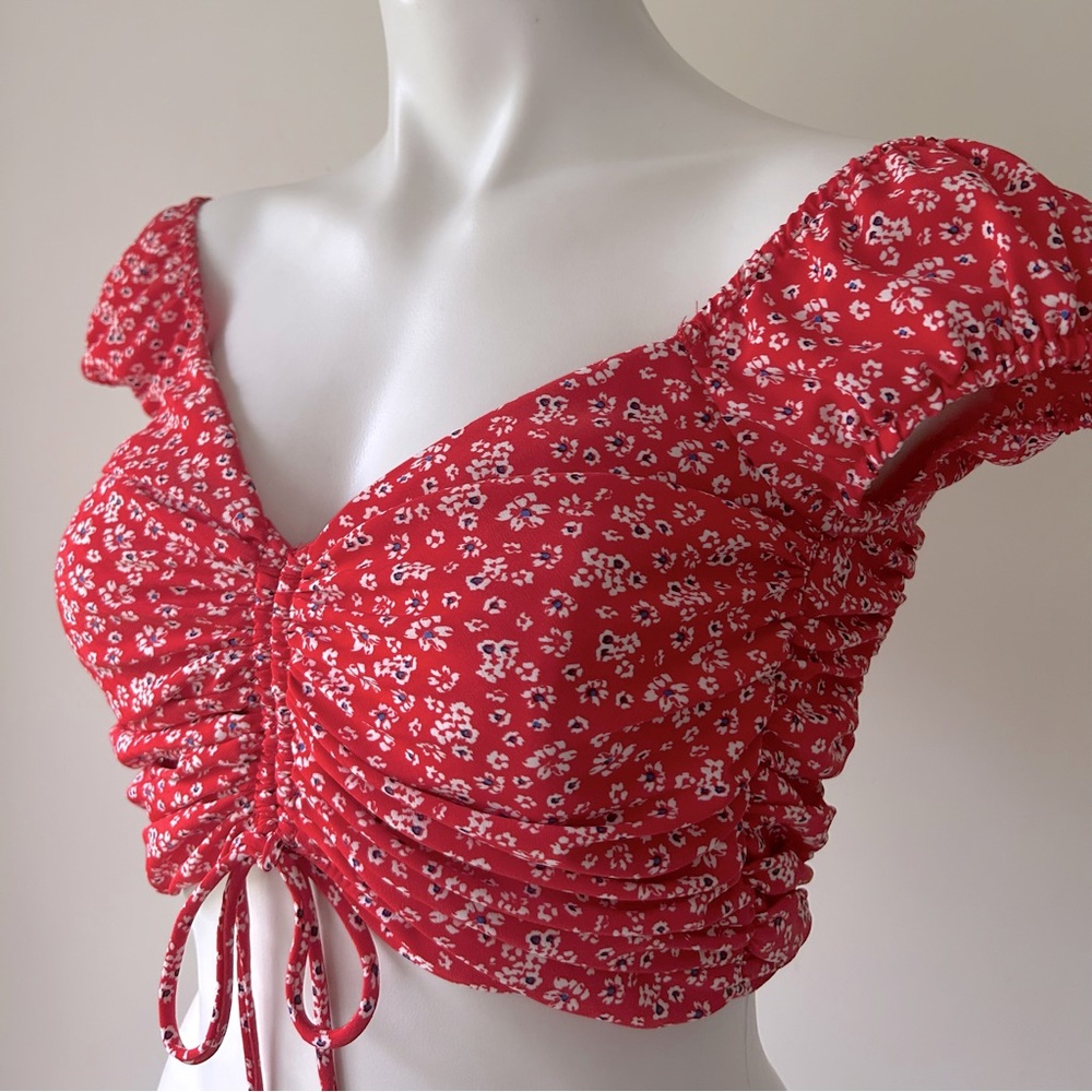 Adika Red Floral Ruched Crop Top, S